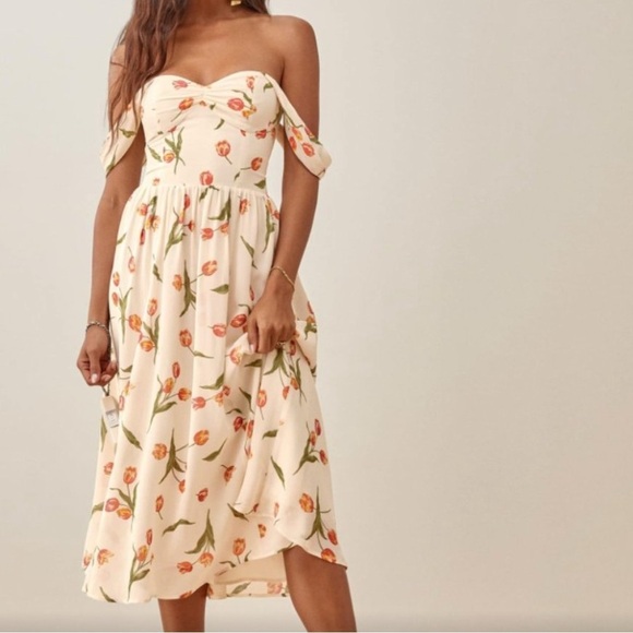 Reformation Violet Tulip Dress Women’s 8 Off The Shoulder Midi Feminine NWT - Picture 1 of 13